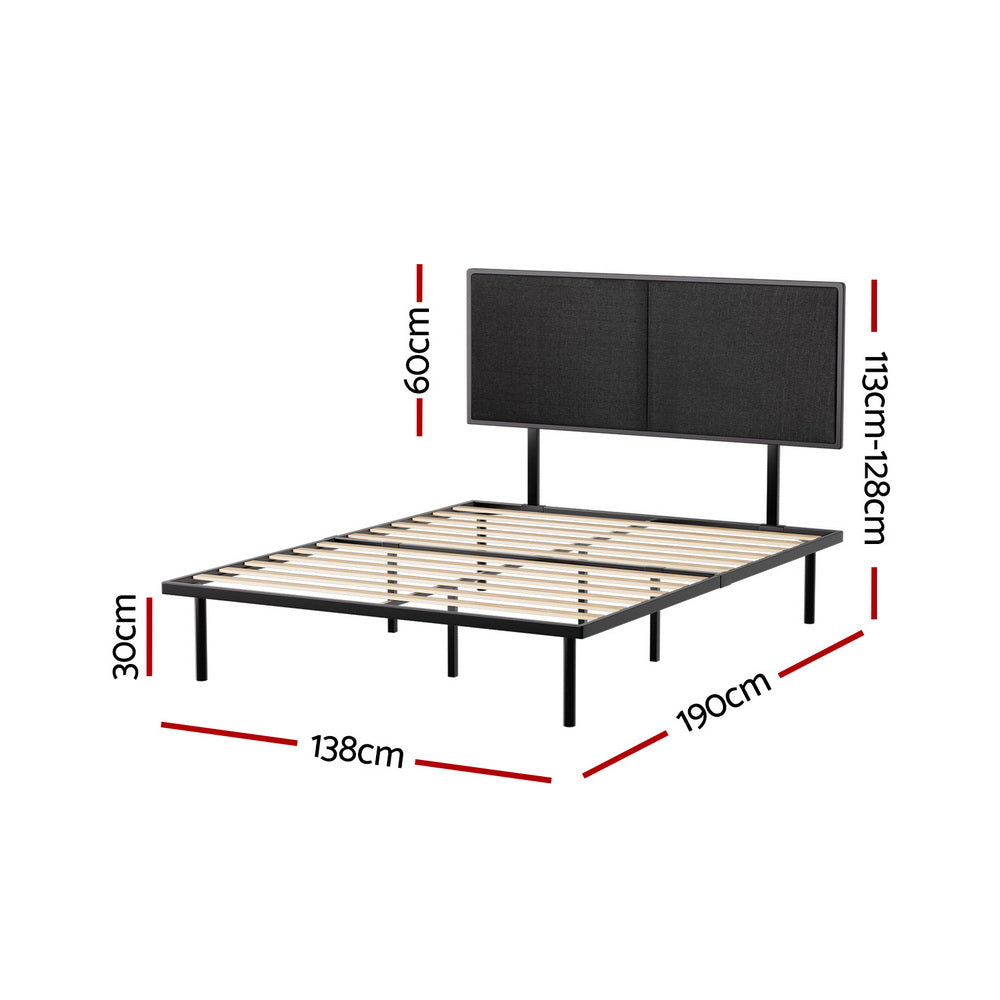 Kembla Metal Double Bed Frame Black with fabric headboard, wooden slats, and metal legs, dimensions 138x190cm height adjustable