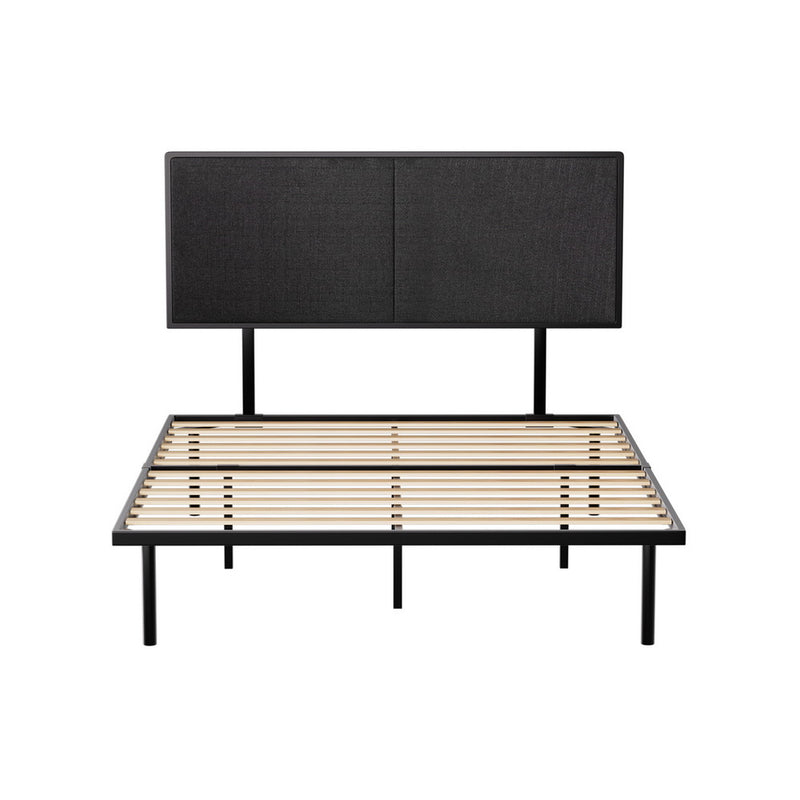 Kembla Metal Double Bed Frame Black with slatted wooden base and padded black headboard, modern bedroom furniture by Bedzy