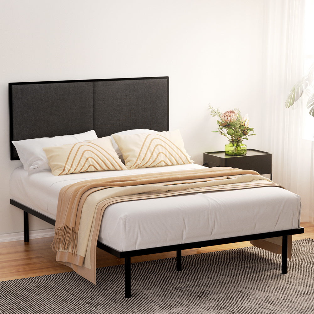Kembla Metal Double Bed Frame Black with clean lines, upholstered headboard, and minimalist design in a modern bedroom setting