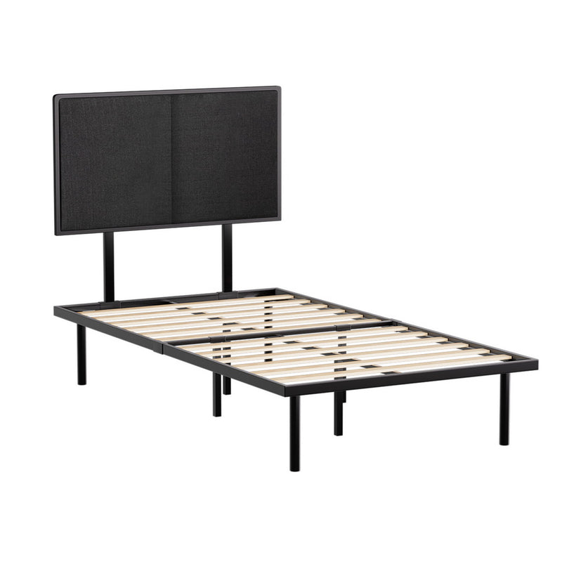Kembla Metal King Single Bed Frame Black with fabric headboard, metal frame, and wooden slats for bedroom furniture by Bedzy