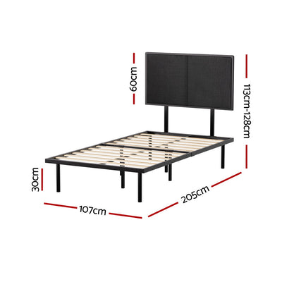 Kembla Metal King Single Bed Frame Black with black upholstered headboard and wooden slats, modern bedroom furniture by Bedzy