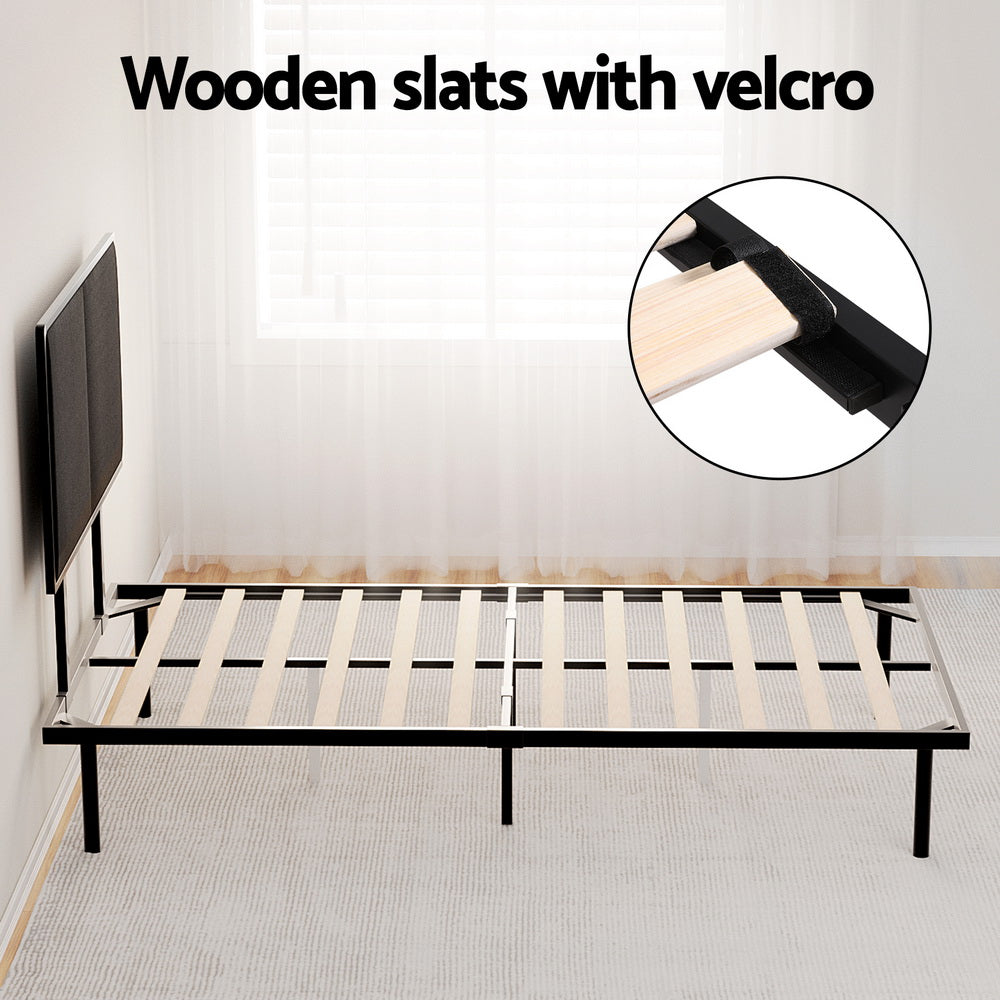 Kembla Metal King Single Bed Frame Black with wooden slats secured by velcro for bedroom furniture by Bedzy