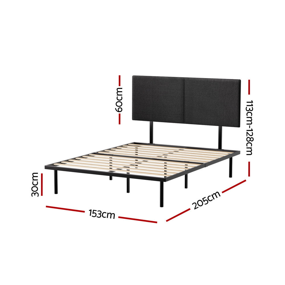 Norwood Queen Modern Bed Frame Black with fabric headboard, metal frame, wooden slats, and raised legs with dimensions shown