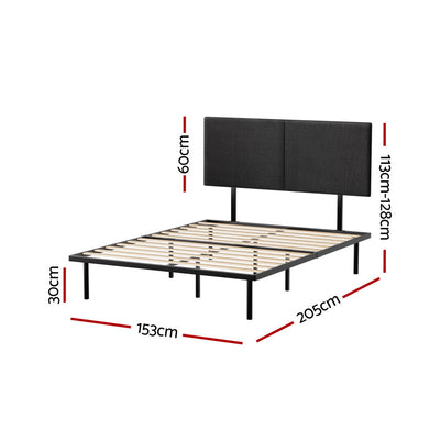 Norwood Queen Modern Bed Frame Black with fabric headboard, metal frame, wooden slats, and raised legs with dimensions shown