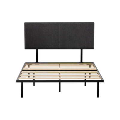 Norwood Queen Modern Bed Frame Black with fabric headboard, metal frame, wooden slats, and sturdy black legs on white background