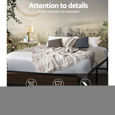 Oslo Metal & Wood Double Bed Frame with black steel structure and wood panels styled with pillows and throw blanket in a bedroom setting