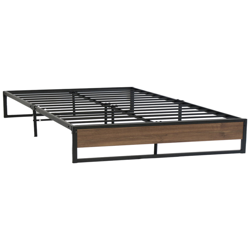 Oslo Metal Queen Bed Frame with black steel structure and wooden panel detail, minimalistic design for bedroom furniture