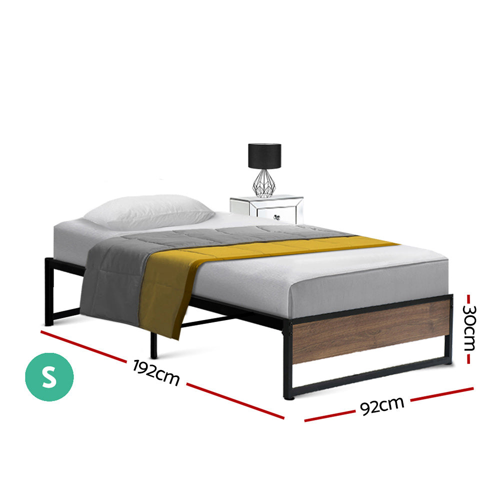 Oslo Metal & Wood Single Bed Frame with black metal frame and wood panel footboard in modern bedroom setup