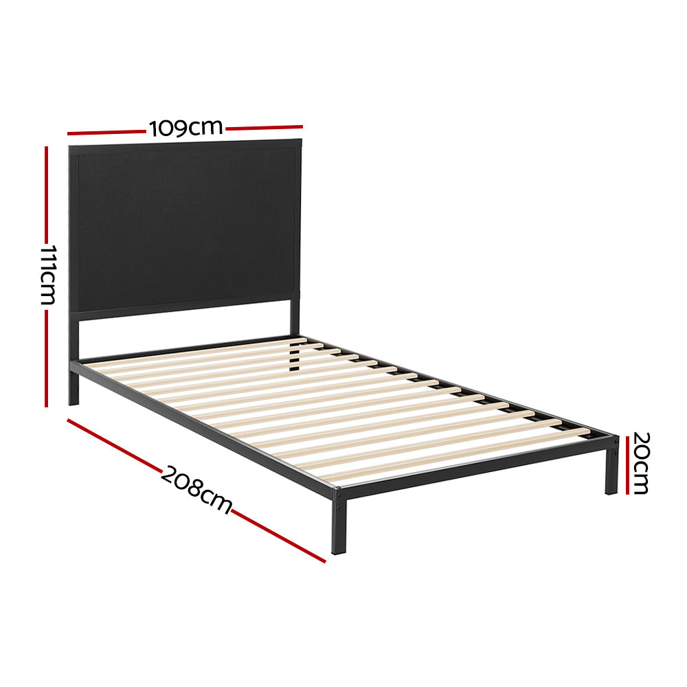 Paddington King Single Bed Frame With Fabric Headboard Black & Charcoal with metal frame and wooden slats, shown with dimensions
