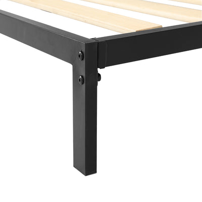 Paddington King Single Bed Frame With Fabric Headboard Black & Charcoal showing black metal corner and wooden slats close-up