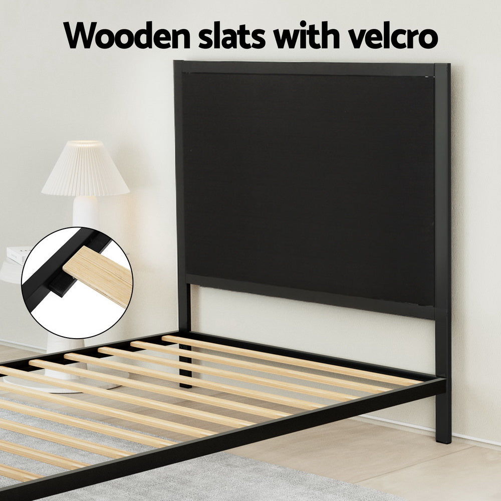 Paddington King Single Bed Frame With Fabric Headboard Black & Charcoal featuring wooden slats with velcro detail in bedroom setting