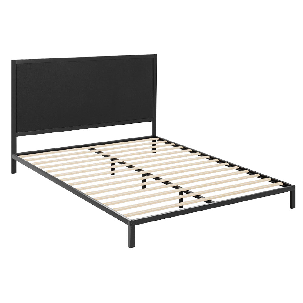 Paddington Queen Bed Frame With Fabric Headboard Black & Charcoal featuring metal frame, wooden slats, and upholstered headboard for bedroom furniture.