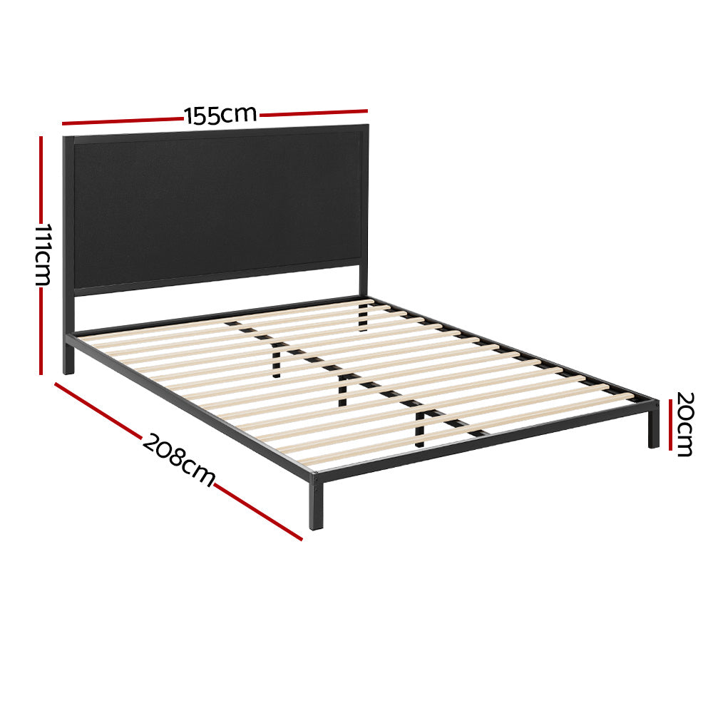 Paddington Queen Bed Frame With Fabric Headboard Black & Charcoal with wooden slats and metal frame showing dimensions