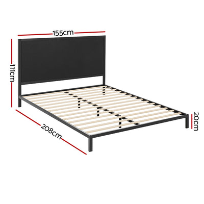 Paddington Queen Bed Frame With Fabric Headboard Black & Charcoal with wooden slats and metal frame showing dimensions