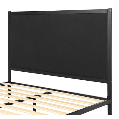 Paddington Queen Bed Frame With Fabric Headboard Black & Charcoal featuring wooden slats and metal frame for bedroom furniture