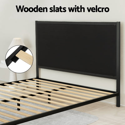 Paddington Queen Bed Frame With Fabric Headboard Black & Charcoal showing wooden slats with velcro on black frame