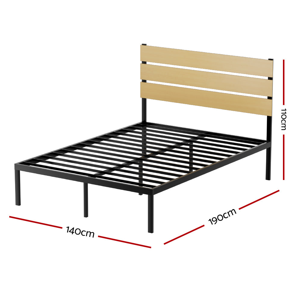 Paula Double Metal Bed Frame Black With Wooden Headboard with black metal base and natural wood slats, bedroom furniture by Bedzy