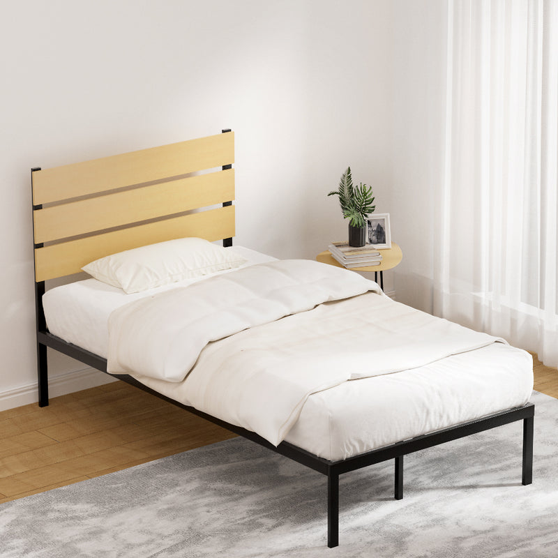 Paula King Single Metal Bed Frame Black With Wooden Headboard featuring black metal frame and light wood headboard in bedroom setting