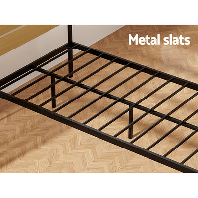 Paula King Single Metal Bed Frame Black With Wooden Headboard showing black metal slats on wood floor background