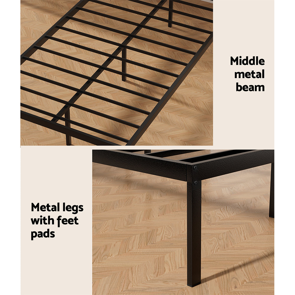Paula King Single Metal Bed Frame Black With Wooden Headboard showing middle metal beam and metal legs with feet pads