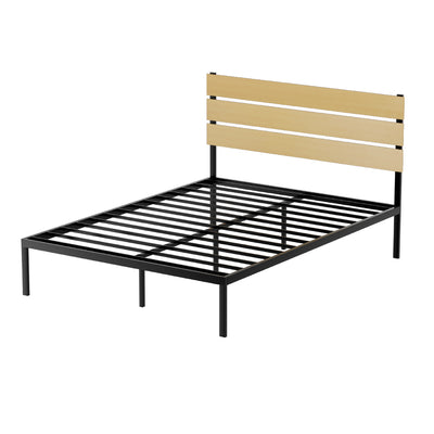 Paula Queen Bed Metal Frame Black With Wooden Headboard featuring metal slats and simple modern design for bedroom furniture by Bedzy