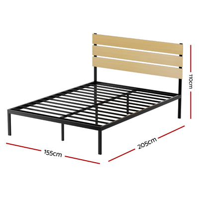 Paula Queen Bed Metal Frame Black With Wooden Headboard featuring sturdy black metal slats and light wood headboard panels