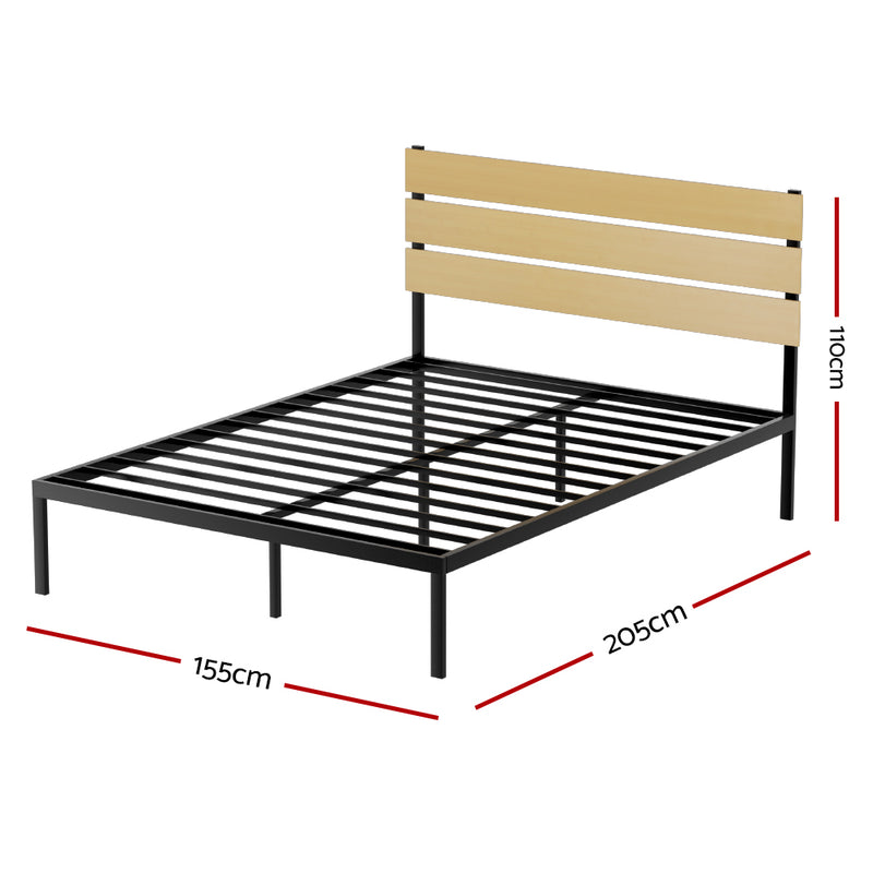 Paula Queen Bed Metal Frame Black With Wooden Headboard featuring sturdy black metal slats and light wood headboard panels