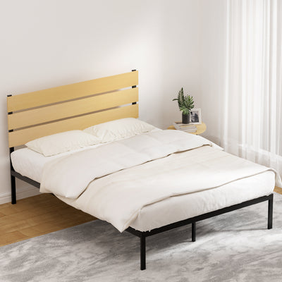 Paula Queen Bed Metal Frame Black With Wooden Headboard in a bedroom setting with white bedding and side table