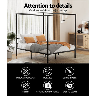 Metal Four Poster Double Size Bed Frame Black with modern design, durable metal, and stylish bedroom furniture by Bedzy.
