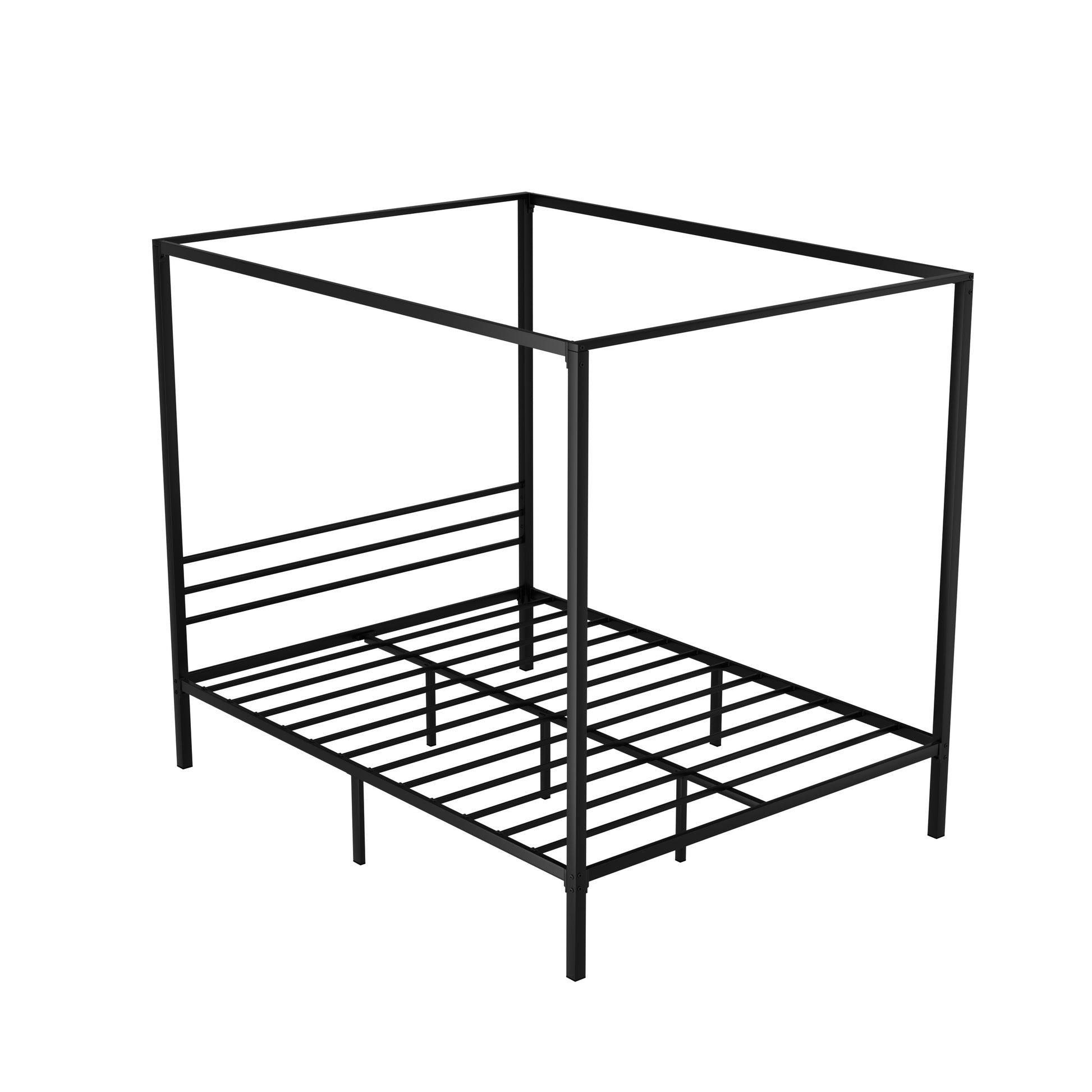 Metal Four Poster Queen Size Bed Frame Black by Bedzy with sturdy metal slats and minimalist design for modern bedroom furniture.