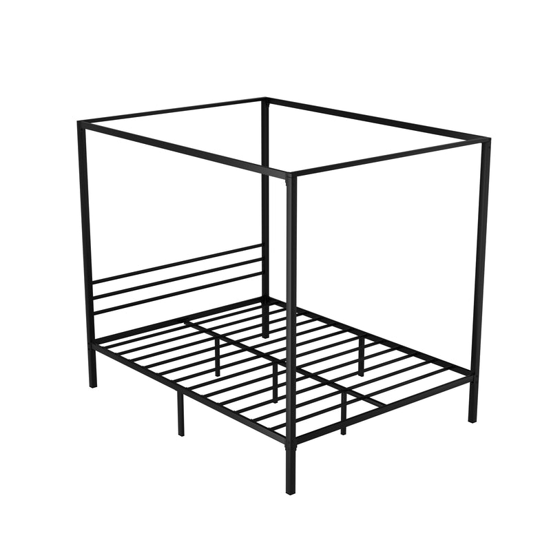 Metal Four Poster Queen Size Bed Frame Black by Bedzy with sturdy metal slats and minimalist design for modern bedroom furniture.