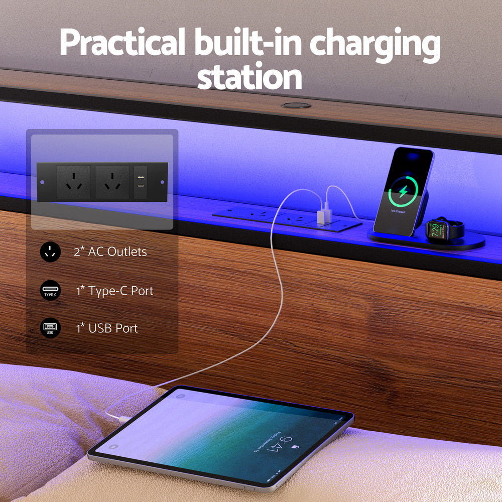 Sky Double LED Bed Frame with Storage Drawers & Charging Ports – Black & Brown