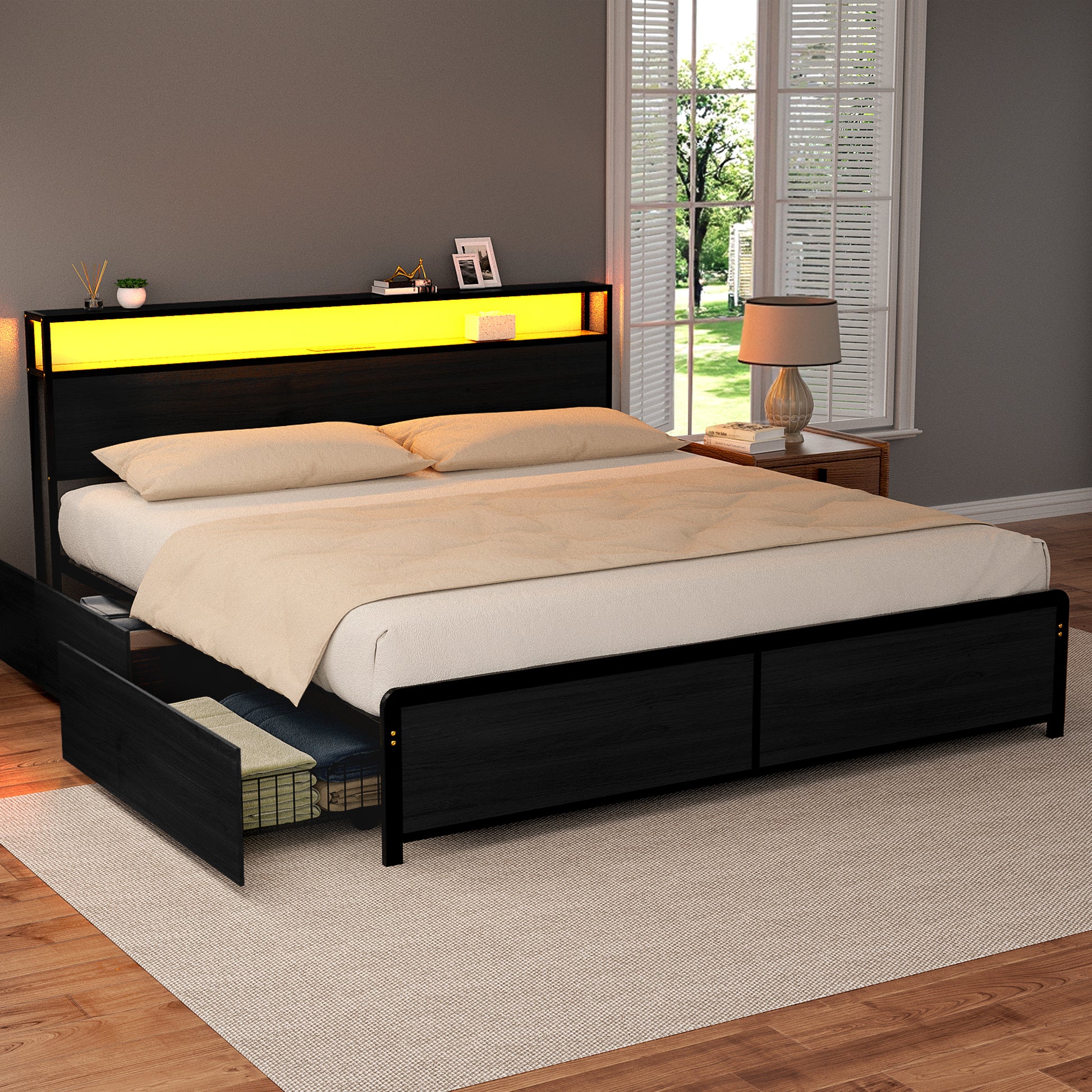 Sky King LED Bed Frame with Storage Drawers & Charging Ports – Black, featuring built-in LED headboard lighting and under-bed storage.