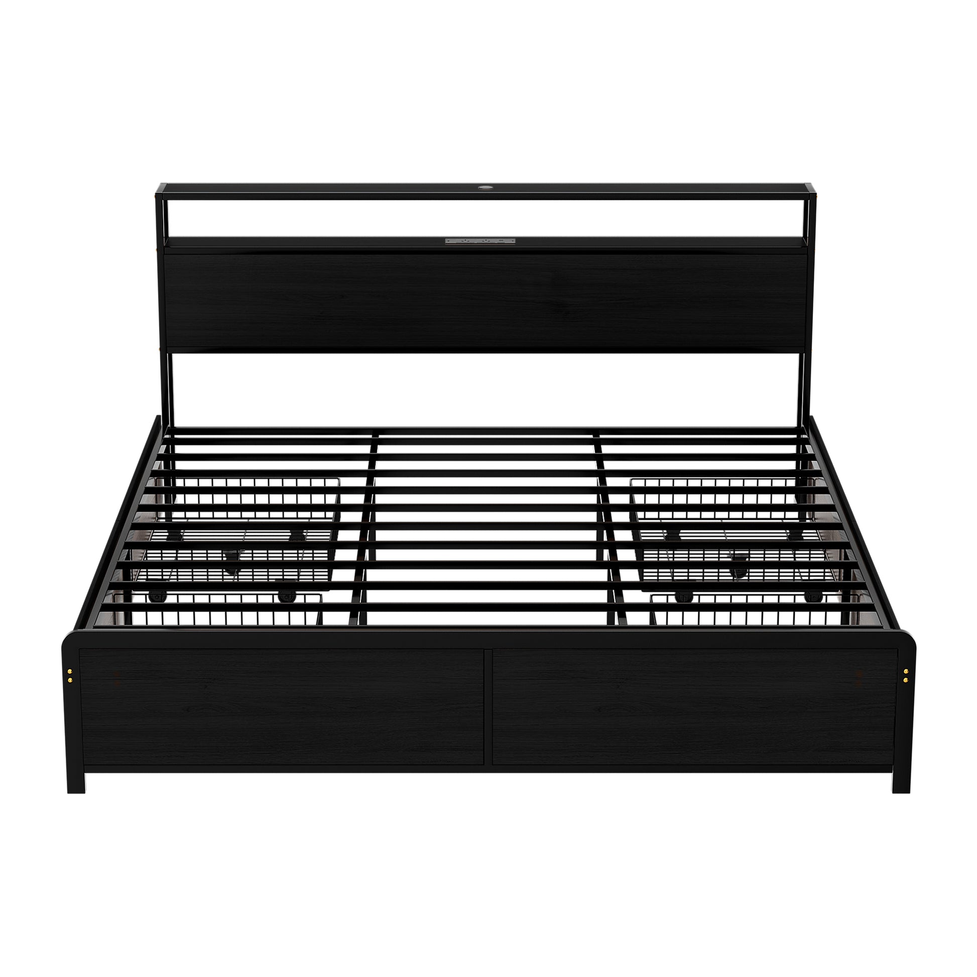 Sky King LED Bed Frame with Storage Drawers & Charging Ports – Black metal frame with headboard and built-in storage drawers.