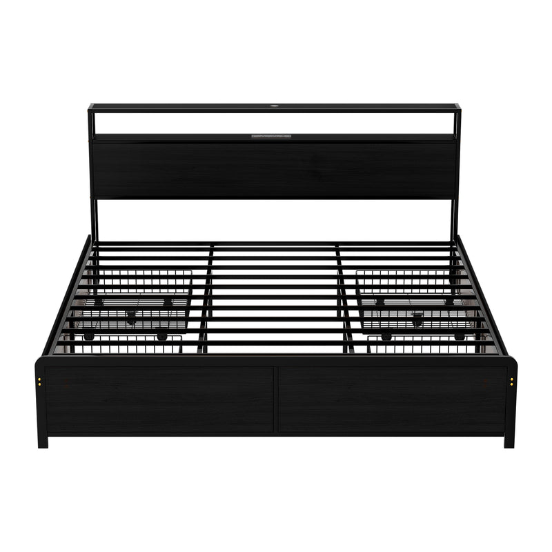 Sky King LED Bed Frame with Storage Drawers & Charging Ports – Black metal frame with headboard and built-in storage drawers.