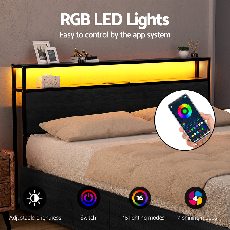 Sky King LED Bed Frame with Storage Drawers & Charging Ports – Black with RGB LED lights controlled by app system