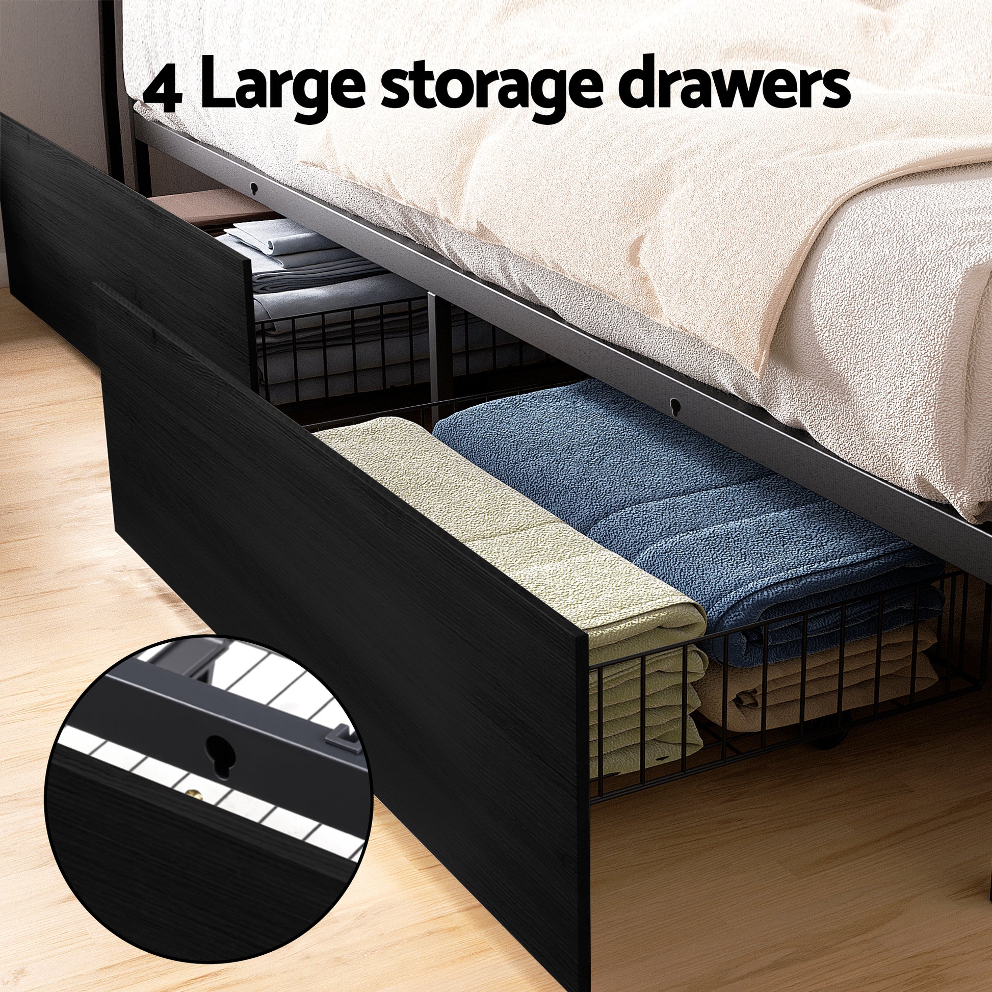 Sky King LED Bed Frame with Storage Drawers & Charging Ports – Black showing open storage drawer with folded blankets inside