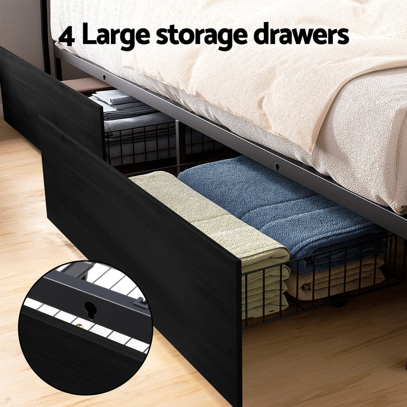 Sky King LED Bed Frame with Storage Drawers & Charging Ports – Black showing open storage drawer with folded blankets inside