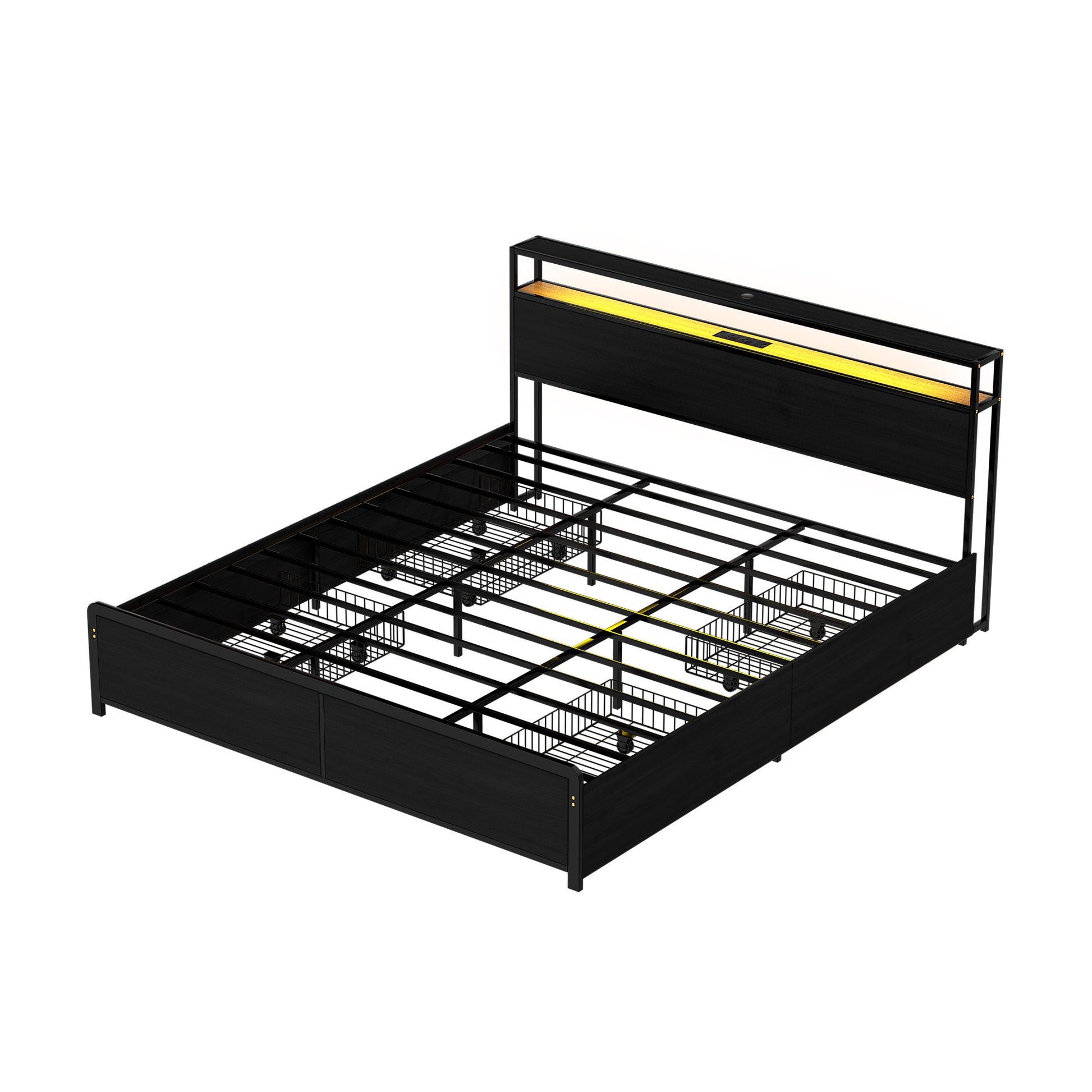 Sky King LED Bed Frame with Storage Drawers & Charging Ports – Black metal frame with built-in lighting and storage baskets