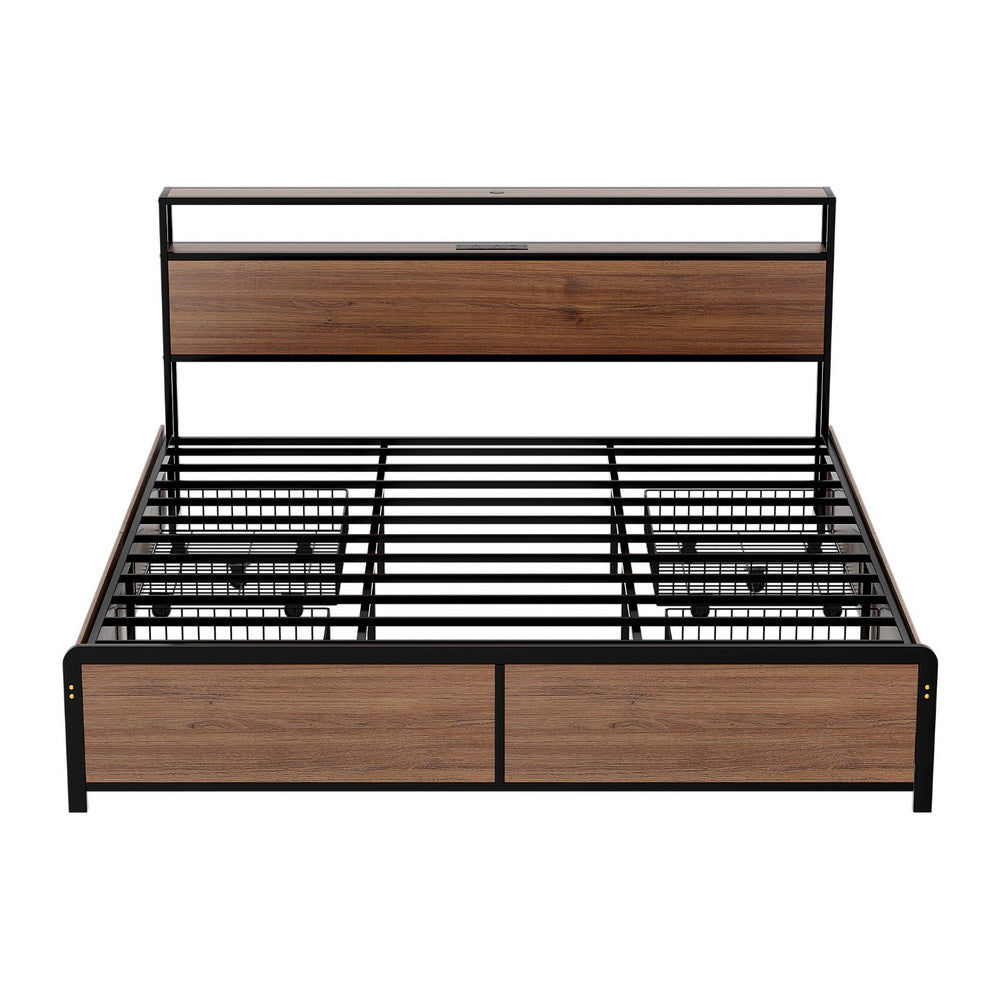King Package | Sky LED Bed Frame with Storage Drawers Brown & Serenity Euro Top Mattress (Medium Firm)