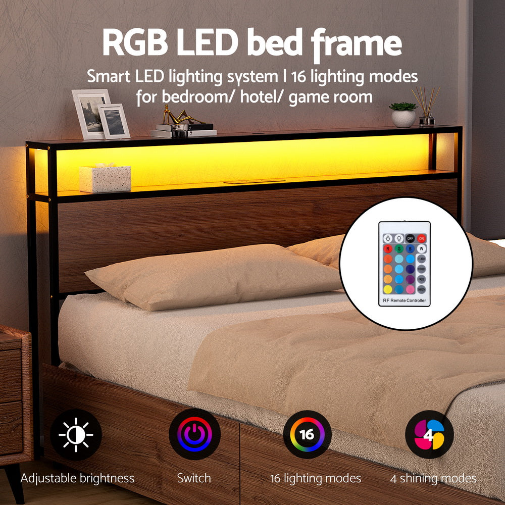 King Package | Sky LED Bed Frame with Storage Drawers Brown & Serenity Euro Top Mattress (Medium Firm)