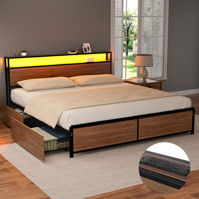 Sky King LED Bed Frame with Storage Drawers & Charging Ports – Black & Brown