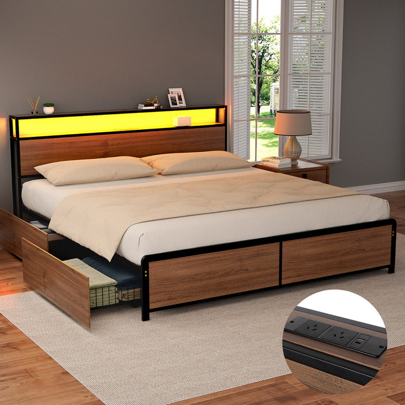 Sky King LED Bed Frame with Storage Drawers & Charging Ports – Black & Brown-1