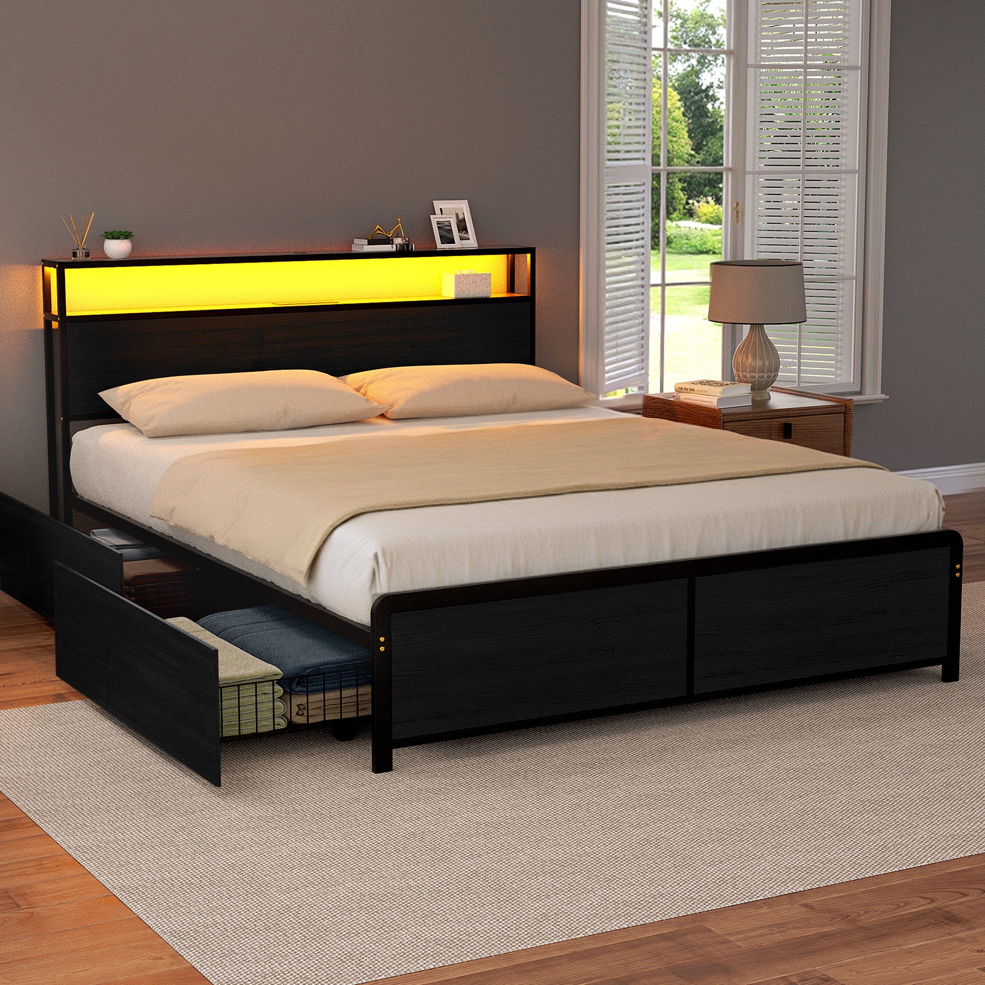 Sky Queen LED Bed Frame with Storage Drawers & Charging Ports – Black