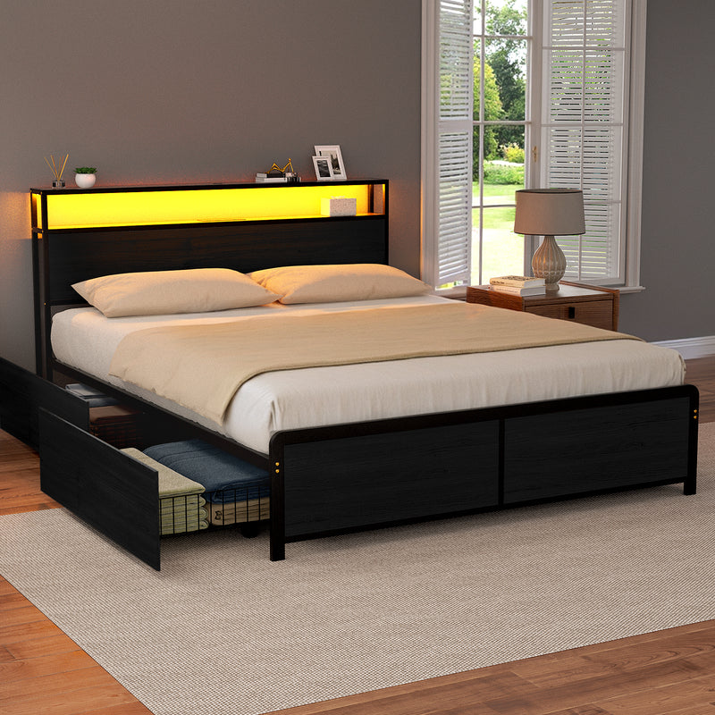 Sky Queen LED Bed Frame with Storage Drawers & Charging Ports – Black in a bedroom setting with LED-lit headboard and bedding