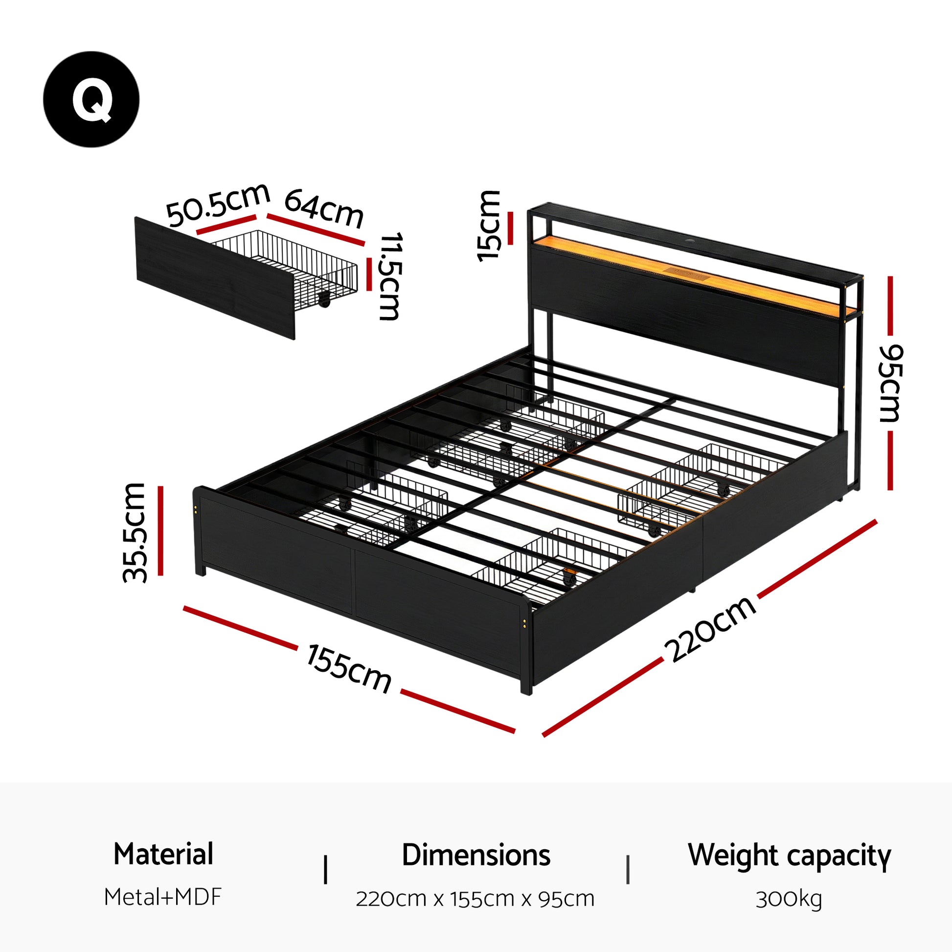 Sky Queen LED Bed Frame with Storage Drawers & Charging Ports – Black metal and MDF bed with dimensions and weight capacity details