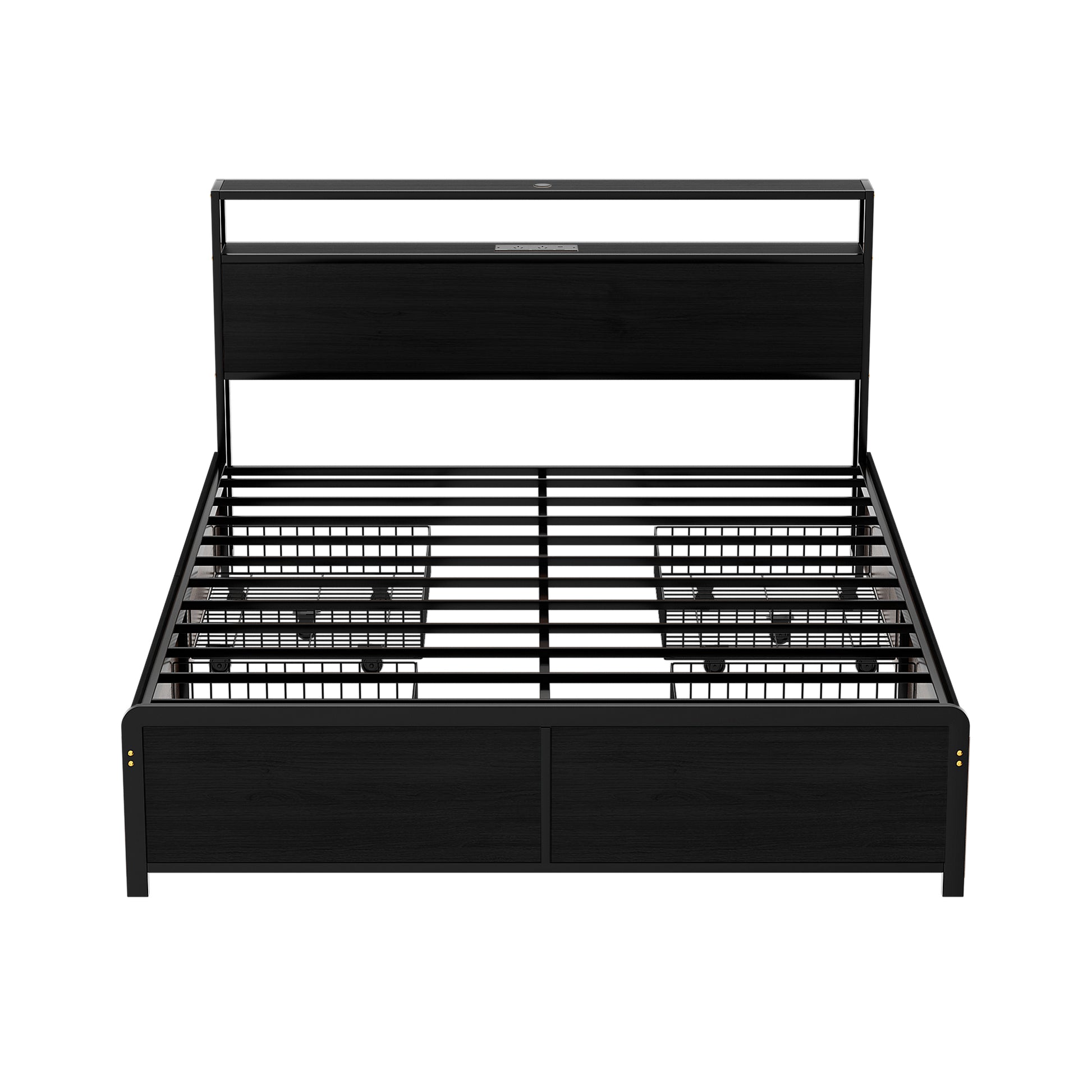 Sky Queen LED Bed Frame with Storage Drawers & Charging Ports – Black metal frame with headboard and under-bed storage baskets