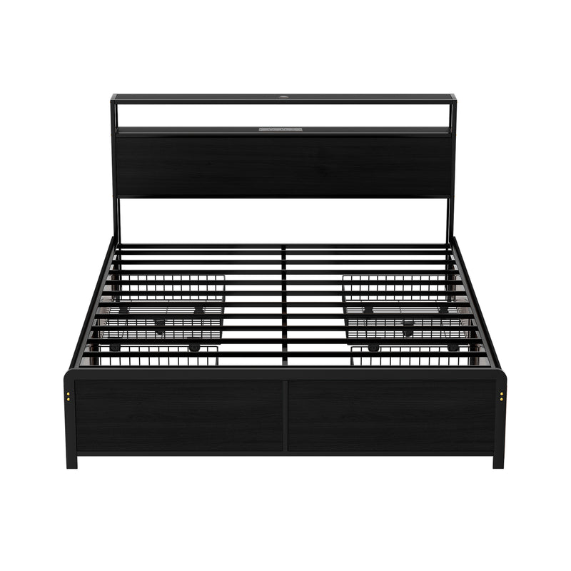 Sky Queen LED Bed Frame with Storage Drawers & Charging Ports – Black metal frame with headboard and under-bed storage baskets