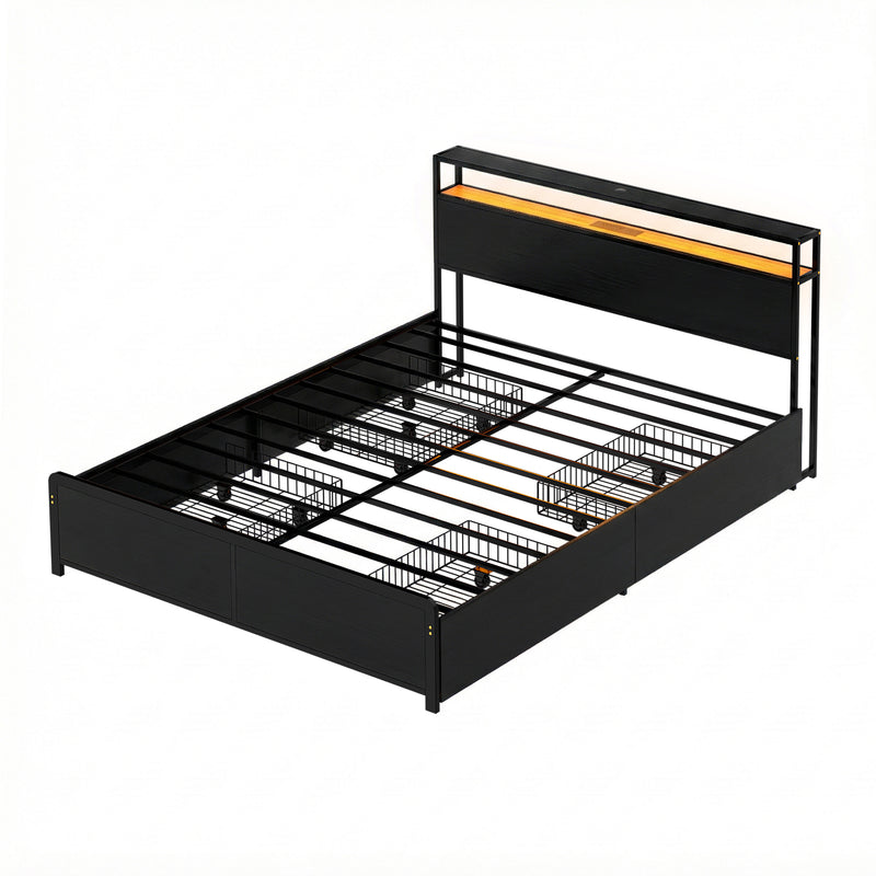 Sky Queen LED Bed Frame with Storage Drawers & Charging Ports – Black metal frame with headboard and spacious under-bed storage baskets.