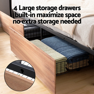 Sky Queen LED Bed Frame with Storage Drawers & Charging Ports – Black & Brown